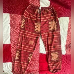 Linen Blend Red Patterned Drawstring Lounge Pants Harem Pants Ladies Medium